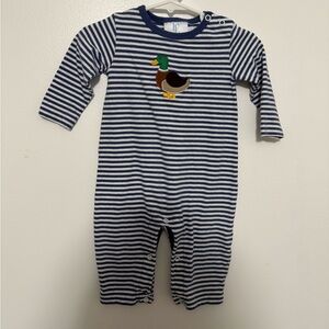 Little English Navy and White Striped Footie with Duck Appliqué
